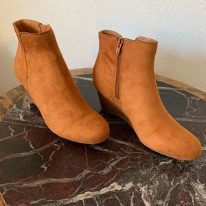 Camel Wedge Ankle Booties - Suede